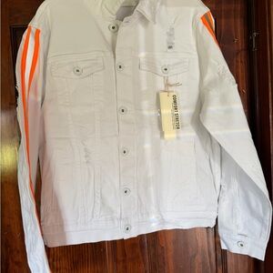 KDNK Men's White Denim Jacket with Orange Accents